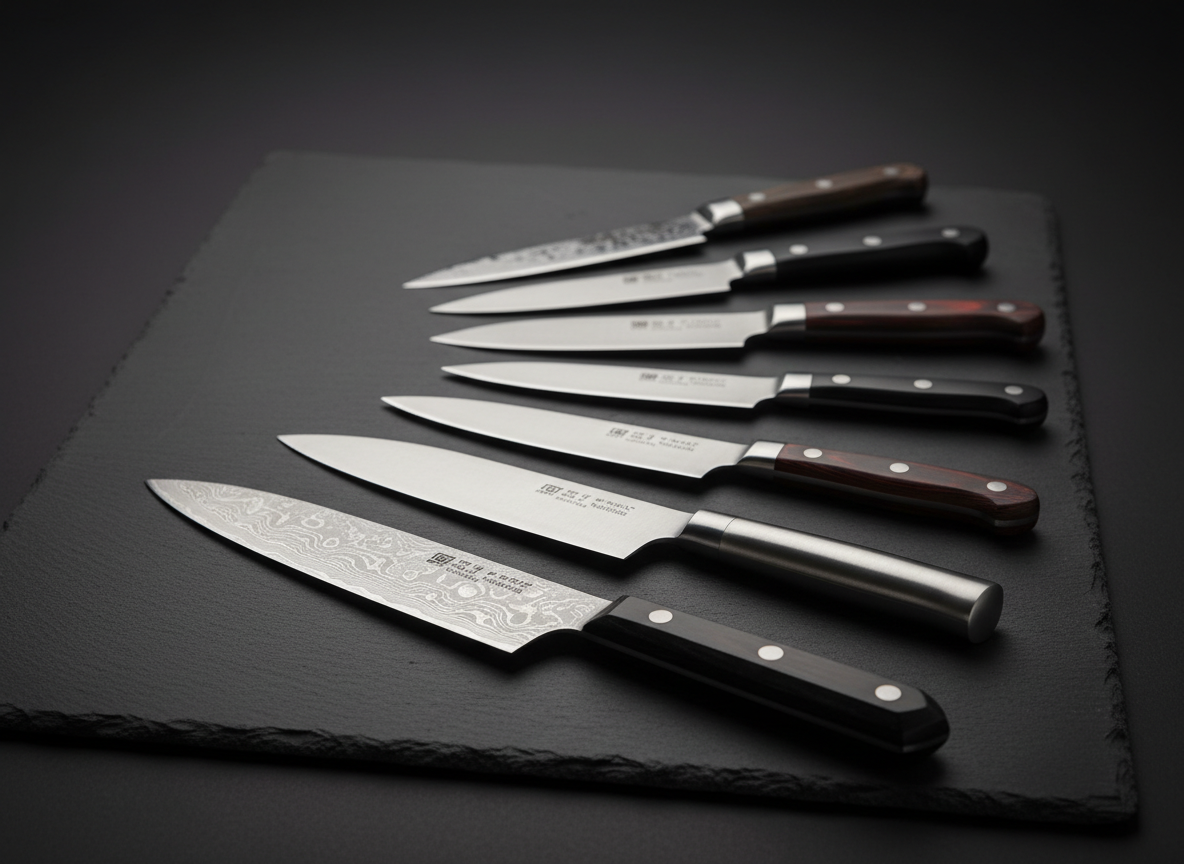 A meticulously arranged assortment of premium Japanese and European chef’s knives displayed on a deep charcoal slate surface. Blades of polished Damascus steel, high-carbon stainless, and mirror-finished European steel catch soft, diffused studio lighting, revealing fine grain patterns and precise bevels. Handles in ebony wood, pakkawood, and brushed stainless rest in a gentle arc, with a subtle reflection on the slate. The background fades into a smooth, dark gradient, creating a sophisticated, gallery-like atmosphere. Captured at a slightly elevated angle with shallow depth of field, the nearest knife in razor-sharp focus and others gradually softening, this photographic realism composition feels luxurious, precise, and understated, ideal for a premium wholesale cutlery brand hero image.