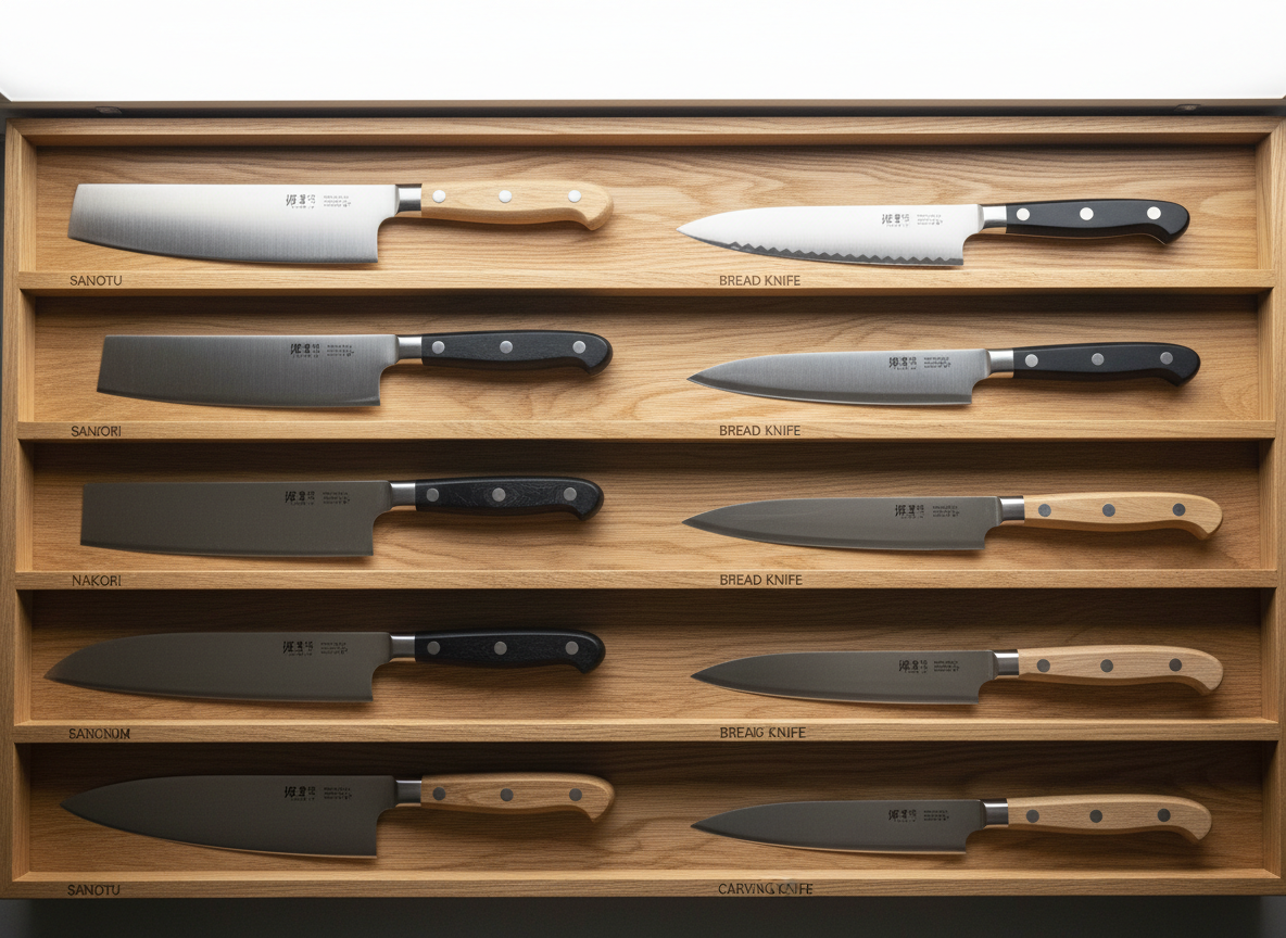 A single, exquisite Japanese gyuto knife lying diagonally across a rich, matte-black stone cutting board, surrounded by artfully scattered peppercorns and a halved, glossy green lime. The blade’s Damascus waves shimmer in controlled, cool studio lighting, while the dark rosewood handle with a subtle octagonal shape appears velvety and refined. Background elements, including a blurred stainless-steel saucepan and minimalistic ceramic ramekin, hint at a professional kitchen environment without distraction. Shot at eye level with a shallow depth of field, the focus is on the crisp edge line and texture of the steel. The mood is calm, deliberate, and sophisticated, with a clean, modern photographic style that underscores precision and craftsmanship.