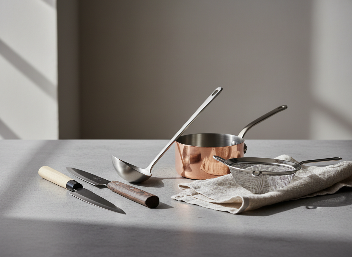 A refined still life of specialty kitchen tools and cookware arranged on a cool gray quartz countertop: a pair of precision Japanese petty knives, a brushed stainless steel ladle, a small copper saucepan with a tin-lined interior, and a fine-mesh strainer resting partially over a folded natural linen cloth. Soft side lighting from an implied window to the left creates long, gentle shadows and subtle highlights on metal surfaces, emphasizing texture without glare. The background gently blurs into a neutral, smooth wall, enhancing a minimalist, high-end showroom feel. Photographic realism, shot from a slightly elevated angle with moderate depth of field, balances clarity and softness. The mood is composed, professional, and quietly luxurious, perfect for showcasing the breadth of a sophisticated cutlery and kitchenware wholesaler.