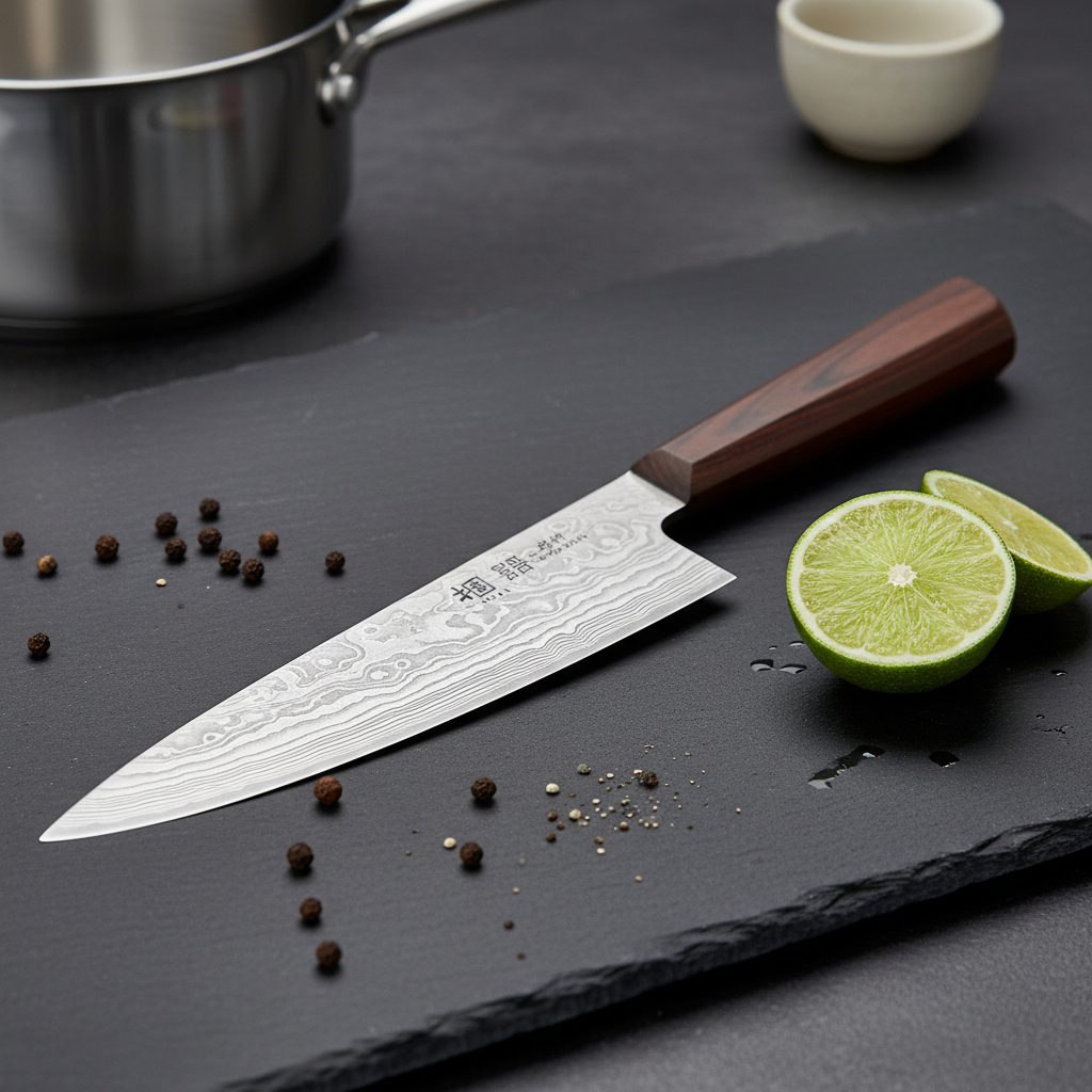 A single, exquisite Japanese gyuto knife lying diagonally across a rich, matte-black stone cutting board, surrounded by artfully scattered peppercorns and a halved, glossy green lime. The blade’s Damascus waves shimmer in controlled, cool studio lighting, while the dark rosewood handle with a subtle octagonal shape appears velvety and refined. Background elements, including a blurred stainless-steel saucepan and minimalistic ceramic ramekin, hint at a professional kitchen environment without distraction. Shot at eye level with a shallow depth of field, the focus is on the crisp edge line and texture of the steel. The mood is calm, deliberate, and sophisticated, with a clean, modern photographic style that underscores precision and craftsmanship.