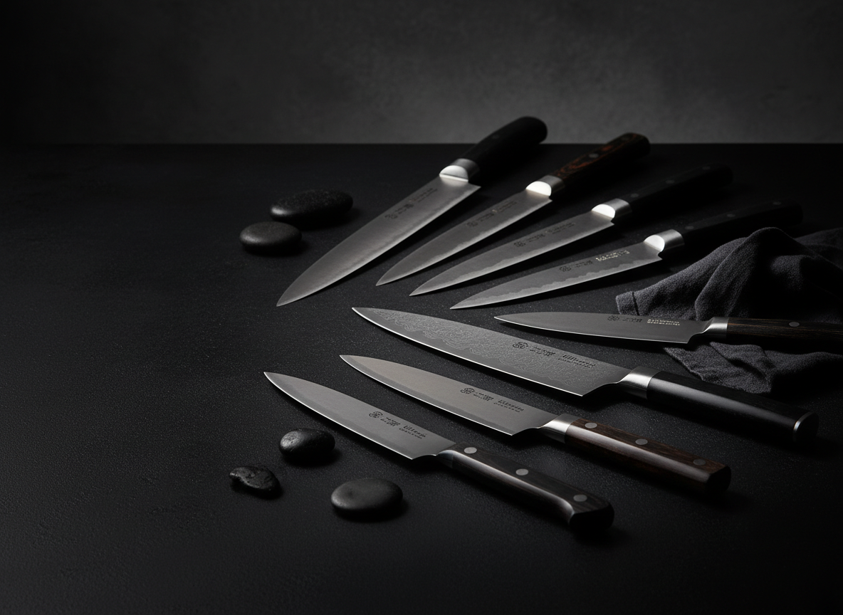 Premium Japanese and European chef knives arranged on a matte black surface with dramatic lighting